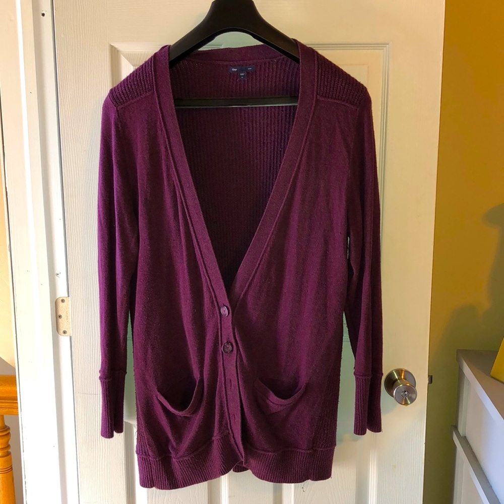Purple long button up cardigan with deep V